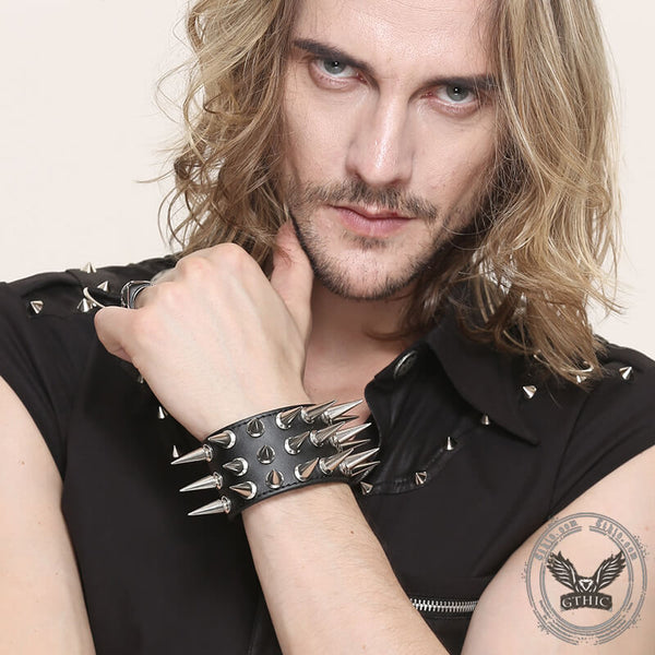 Punk Spike Studded Leather Wide Wristband | Gthic.com
