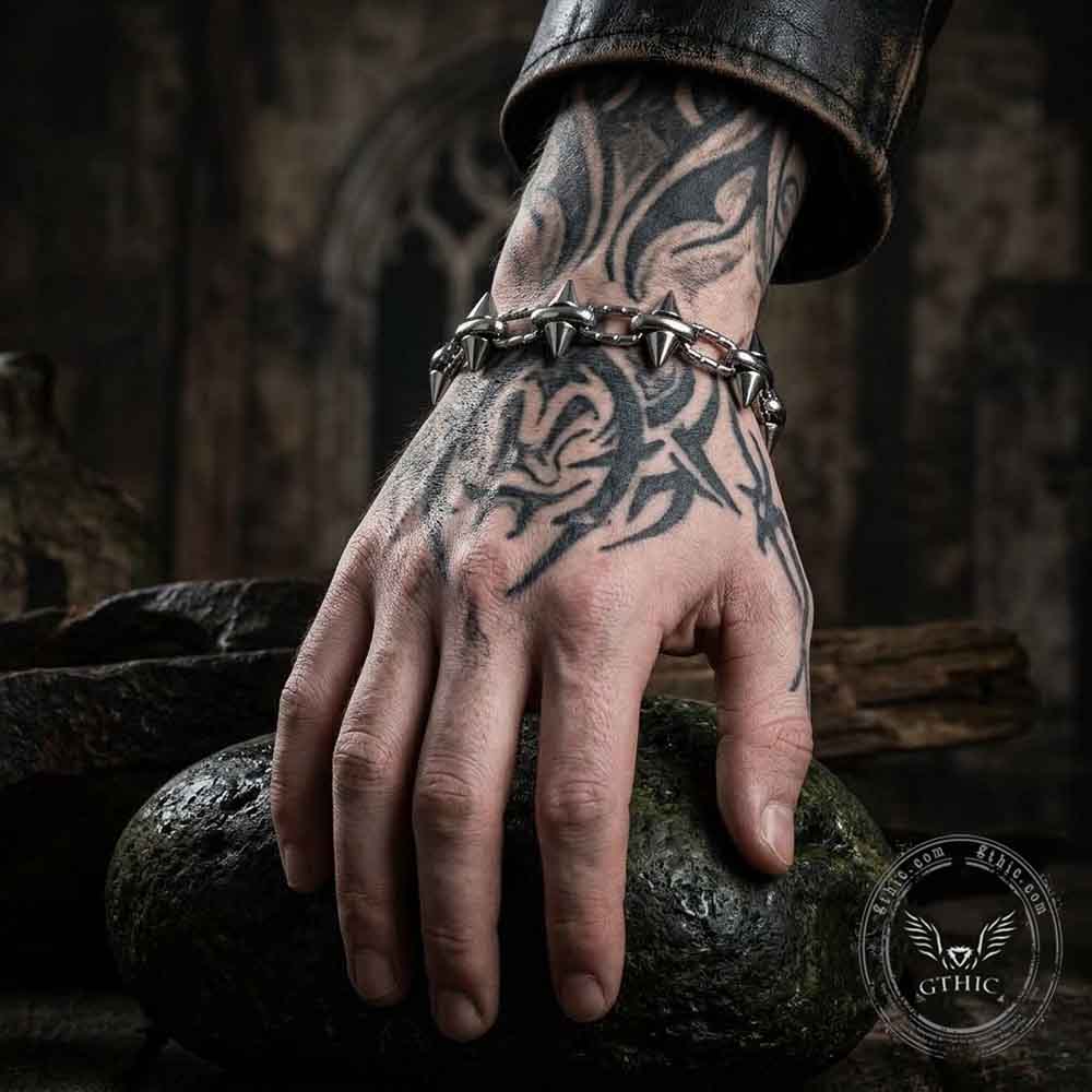 Punk Spikes Studs Spliced Stainless Steel Bracelet | Gthic.com