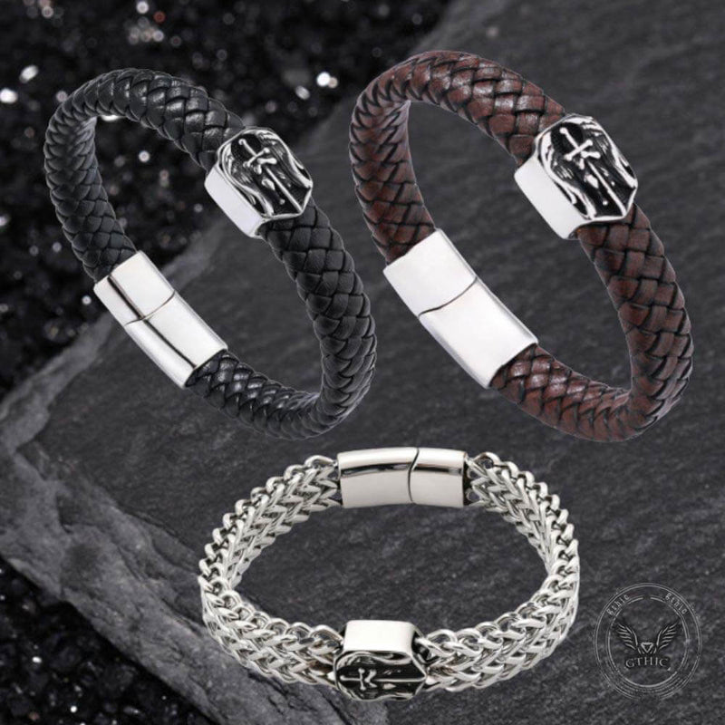 Punk St. Michael Archangel Woven Leather Stainless Steel Bracelet