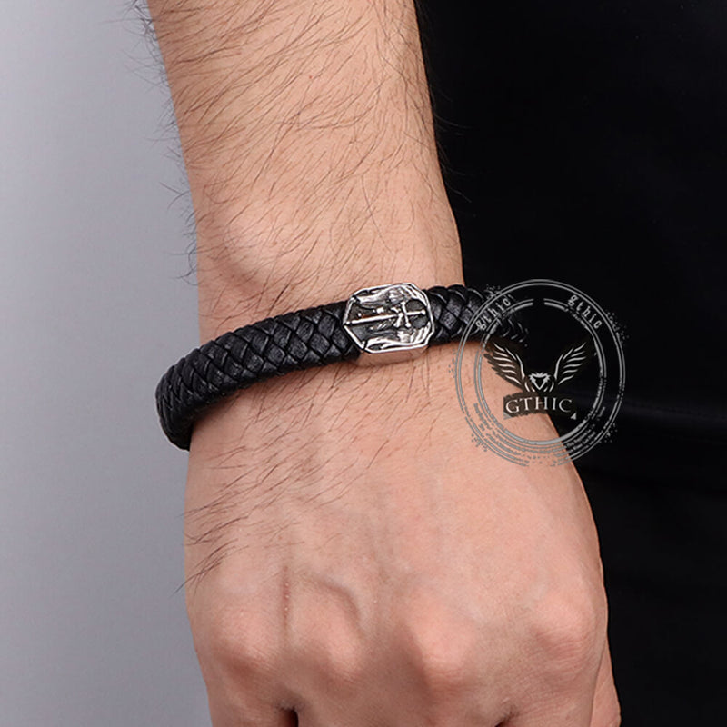 Punk St. Michael Archangel Woven Leather Stainless Steel Bracelet