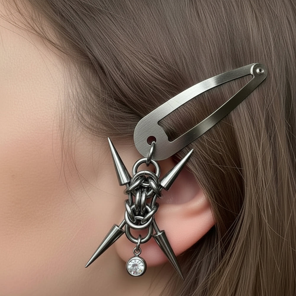 Black Rivet Studded Knuckle Hair Clip with Chain Spikes Punk Stainless Steel Rivet Spiked Hair Clips – GTHIC main image 2