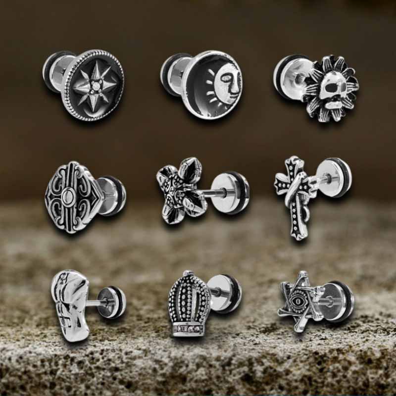 Punk Star Lion Head Cross Stainless Steel Earring Set | Gthic.com