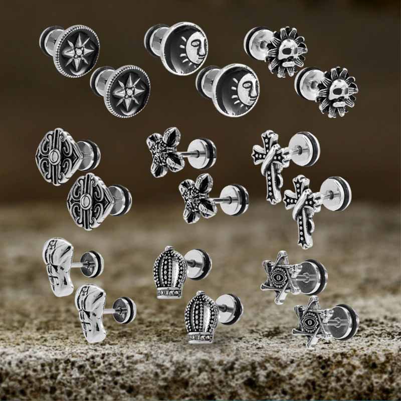 Punk Star Lion Head Cross Stainless Steel Earring Set | Gthic.com
