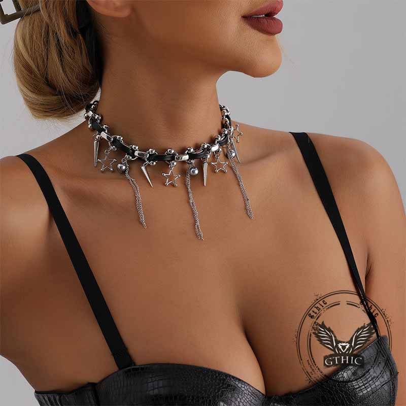 Punk Star Tassel Leather Rope Alloy Choker Necklace 01 | Gthic.com
