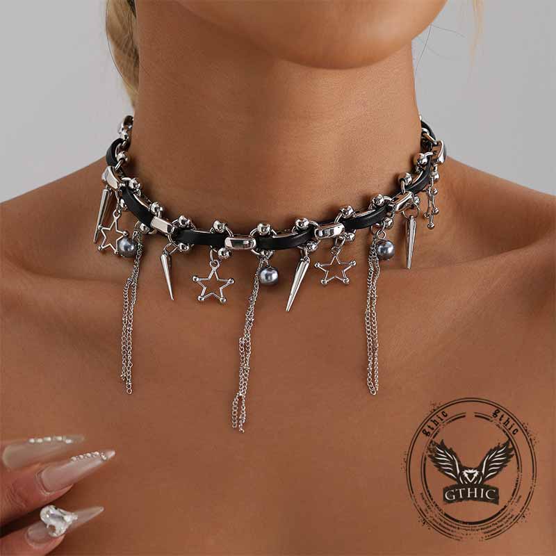 Punk Star Tassel Leather Rope Alloy Choker Necklace 02 | Gthic.com