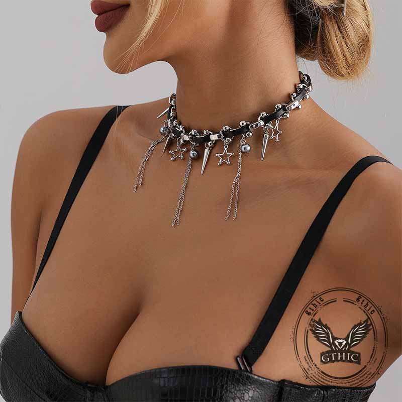 Punk Star Tassel Leather Rope Alloy Choker Necklace 03 | Gthic.com