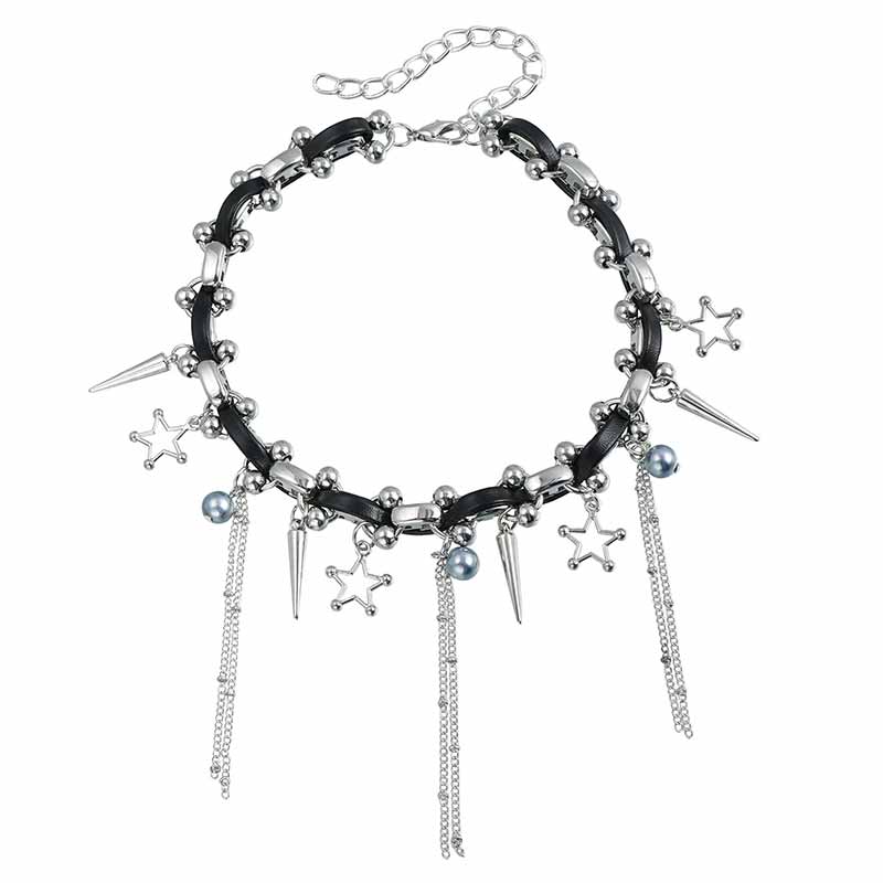 Punk Star Tassel Leather Rope Alloy Choker Necklace