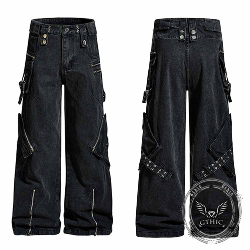 Punk Strappy Zipper Design Multi-Pocket Baggy Jeans | Gthic.com