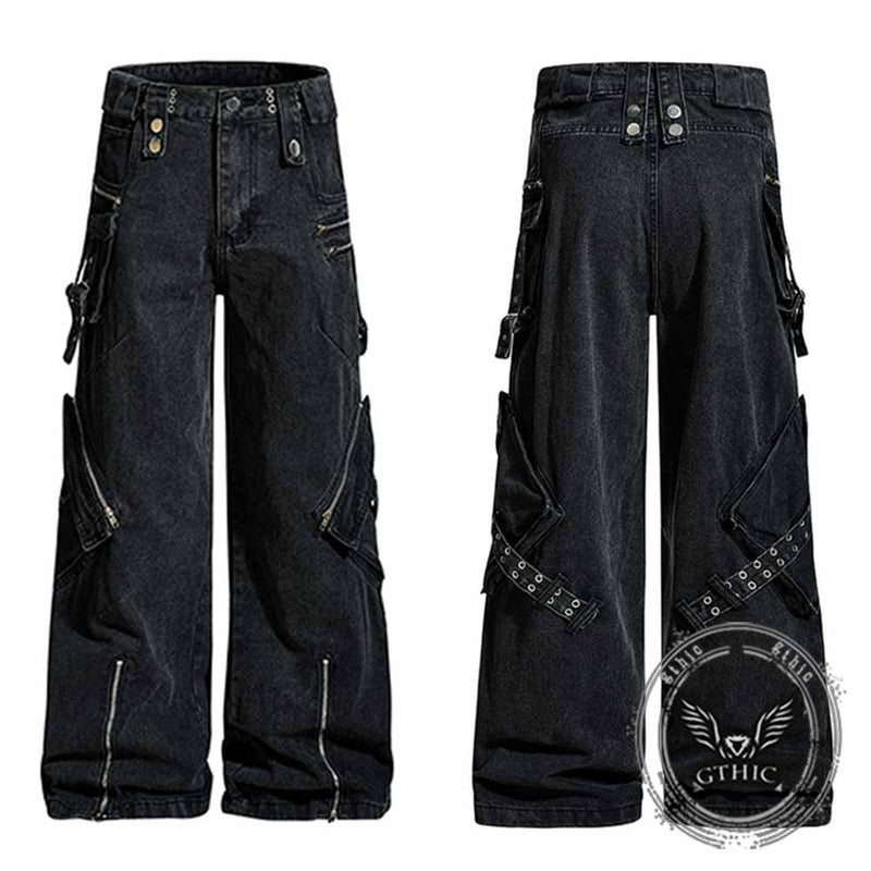 Punk Strappy Zipper Design Multi-Pocket Baggy Jeans – GTHIC