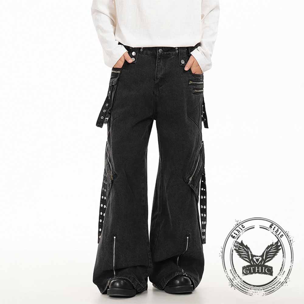 Punk Strappy Zipper Design Multi-Pocket Baggy Jeans | Gthic.com