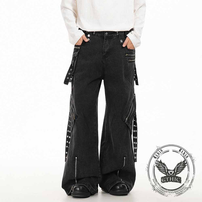 Punk Strappy Zipper Design Multi-Pocket Baggy Jeans – GTHIC