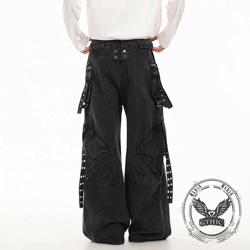Punk Strappy Zipper Design Multi-Pocket Baggy Jeans | Gthic.com