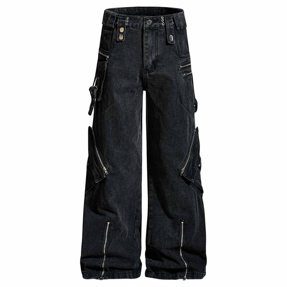 Punk Strappy Zipper Design Multi-Pocket Baggy Jeans | Gthic.com