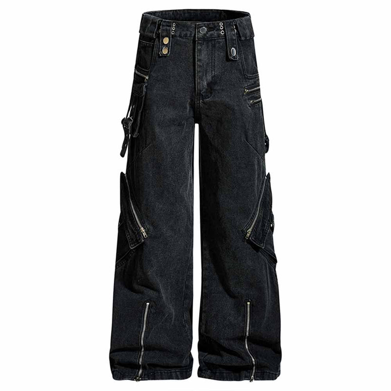 Punk Strappy Zipper Design Multi-Pocket Baggy Jeans – GTHIC