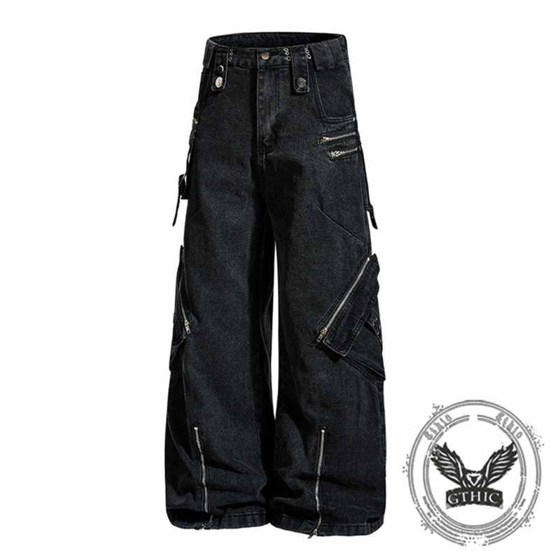 パンツ jentlouis Leather Pocket Baggy Punk Strappy Zipper Design Multi-Pocket Baggy Jeans – GTHIC