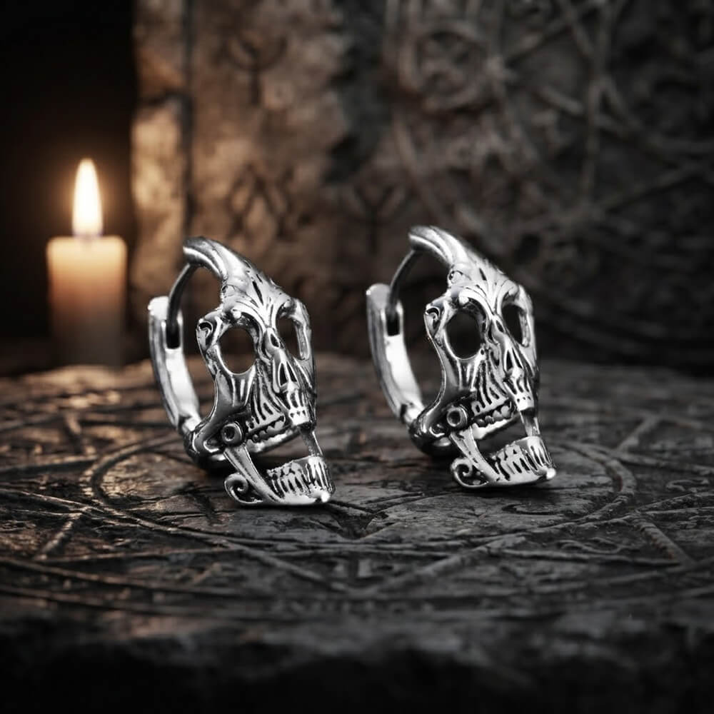 Punk Street-Style Stainless Steel Skull Hoop Earrings | Gthic.com