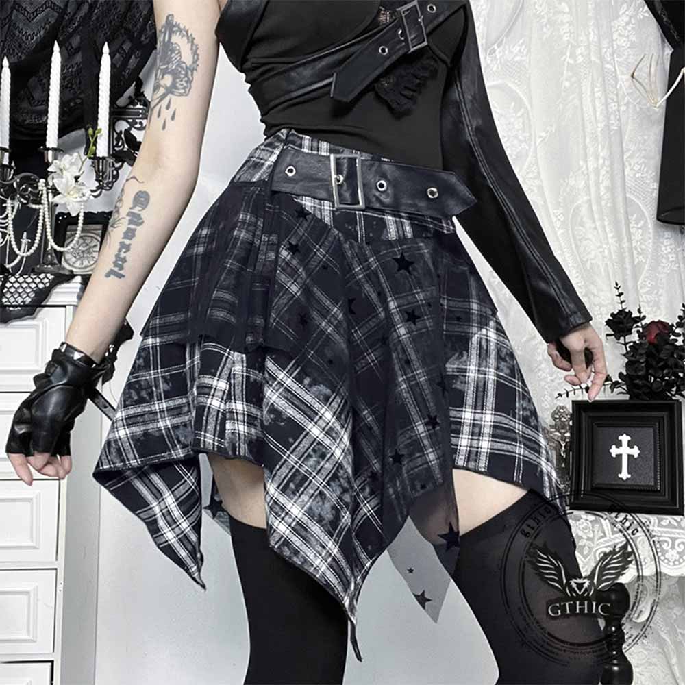 Punk Street Style Star Mesh Plaid Skirt | Gthic.com