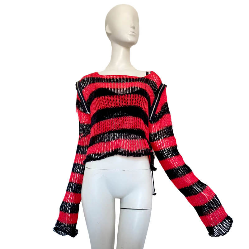Punk Stripe Zipped Off-Shoulder Sweater | Gthic.com