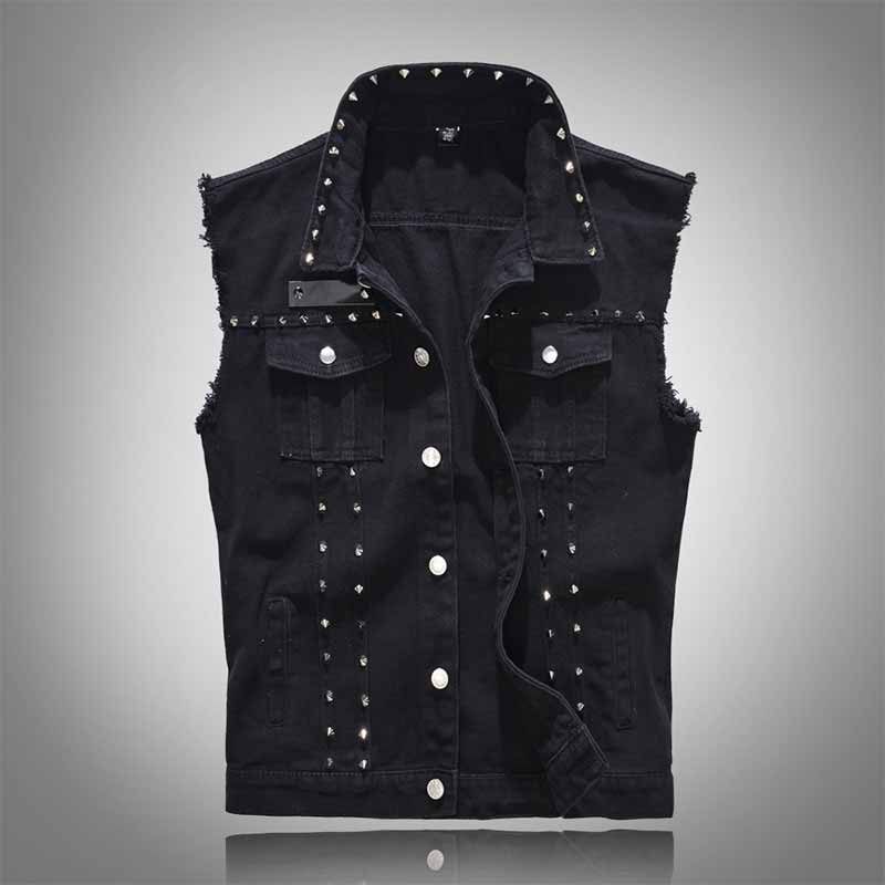 Punk Studded Lapel Slim Fit Sleeveless Denim Vest 01 | Gthic.com
