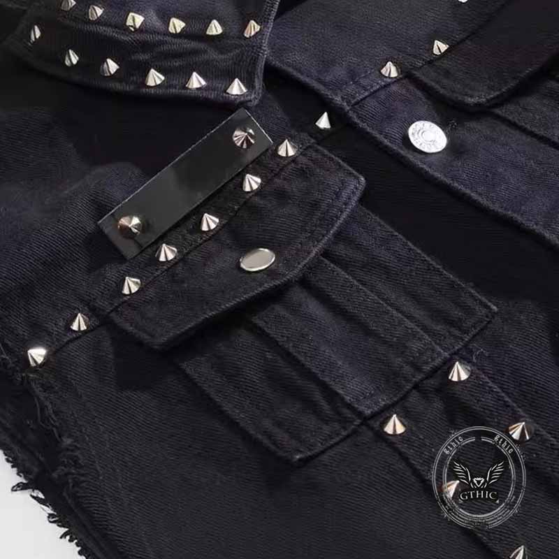 Punk Studded Lapel Slim Fit Sleeveless Denim Vest 03 | Gthic.com