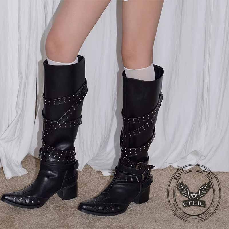 Punk Studded Strap Design Pointed-Toe Long Tube Boots | Gthic.com