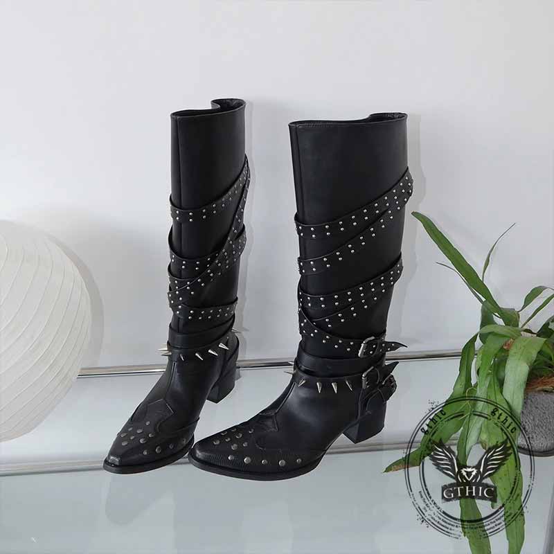 Punk Studded Strap Design Pointed-Toe Long Tube Boots
