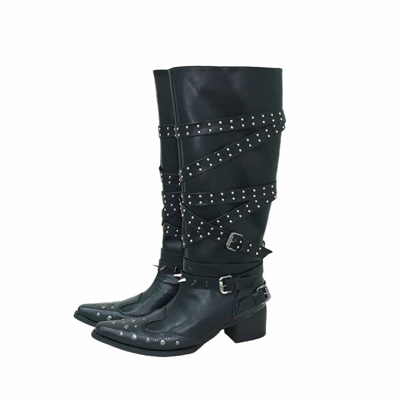 Punk Studded Strap Design Pointed-Toe Long Tube Boots
