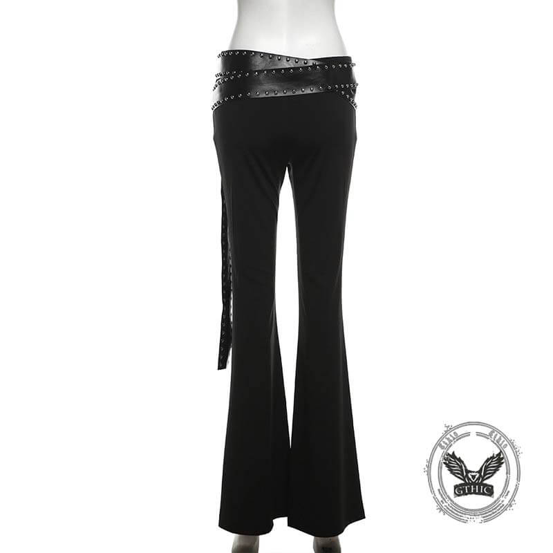 Punk Style Slim Fit Rivet Belt Flared Pants