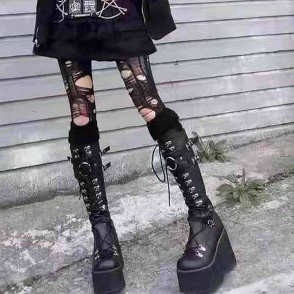 Punk Super High Platform Round Toe Lace-Up Biker Boots |Gthic.com