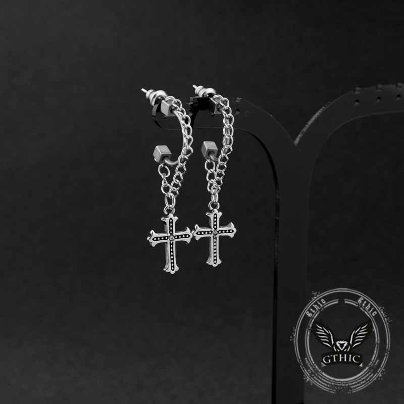 Punk Tassel Cross Stainless Steel Earrings 01 | Gthic.com