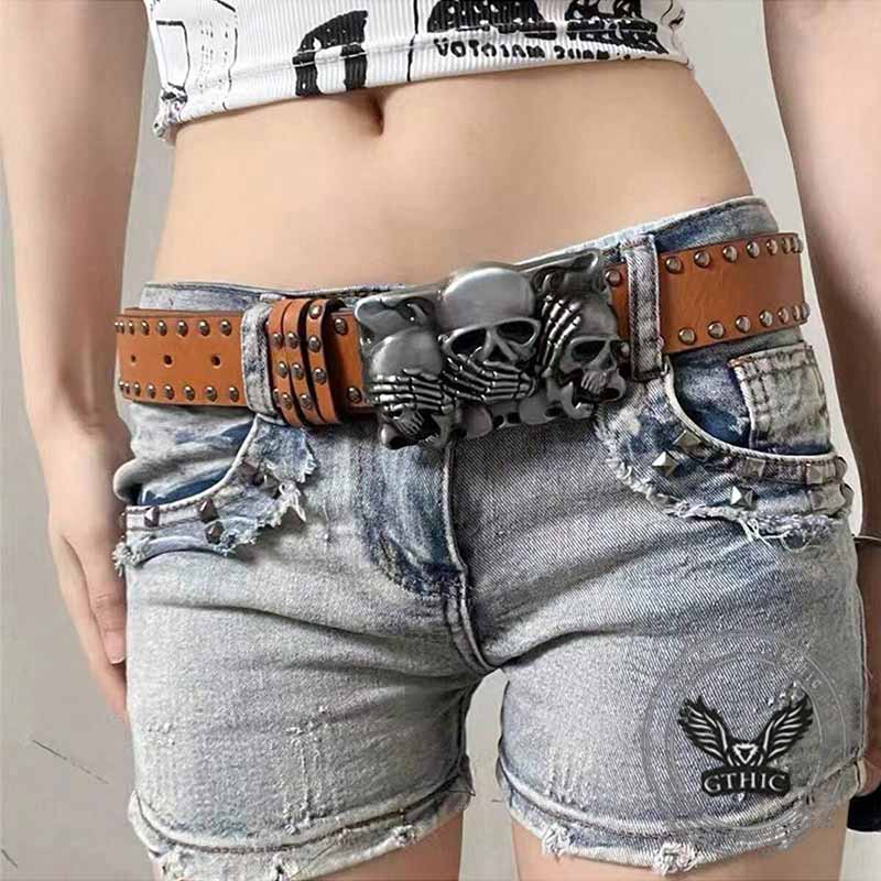 Punk Triple Skull Buckle Rivet PU Leather Belt 02 | Gthic.com