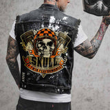 Punk V-Twin Performance Skull Print Denim Vest 01 | Gthic.com