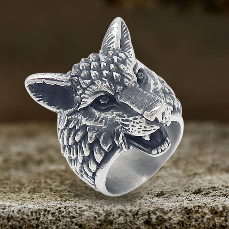 Punk Viking Wolf Head Stainless Steel Ring 01 | Gthic.com