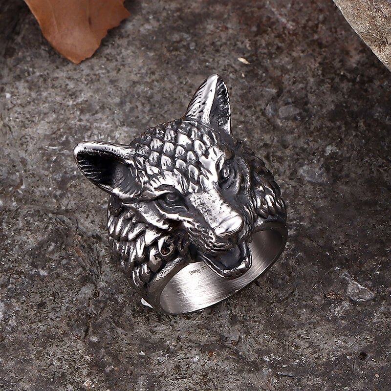 Punk Viking Wolf Head Stainless Steel Ring | Gthic.com