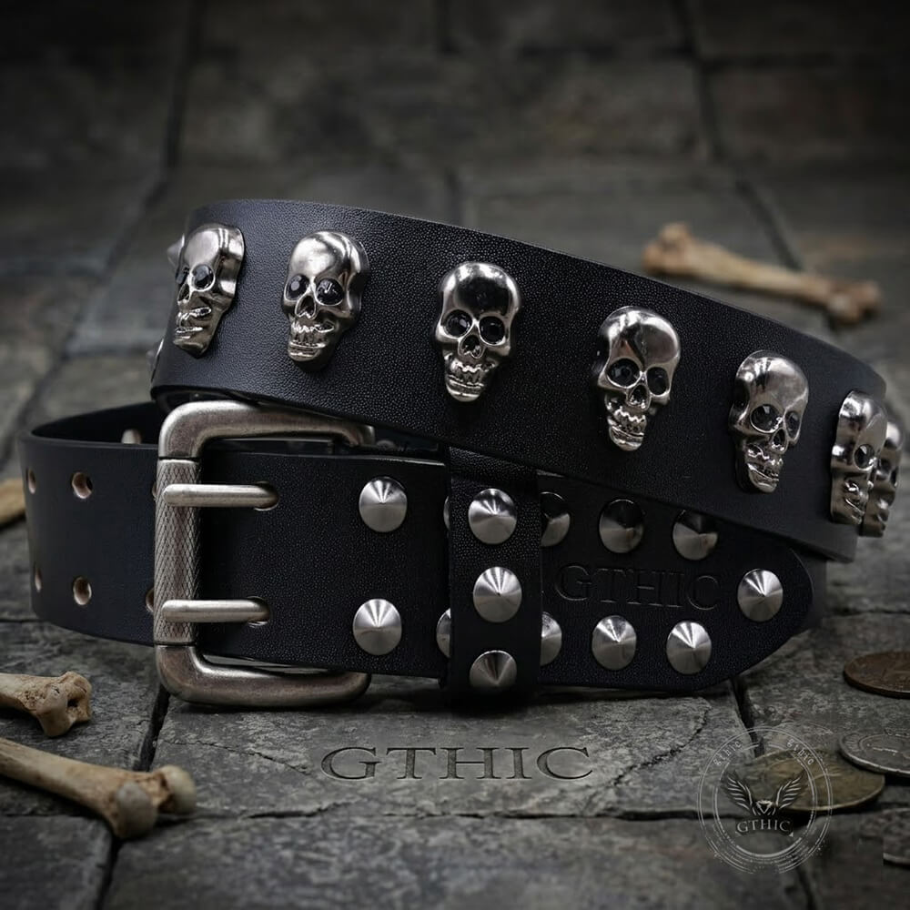 Punk Western Studded Skull Genuine Leather Belt | Gthic.com