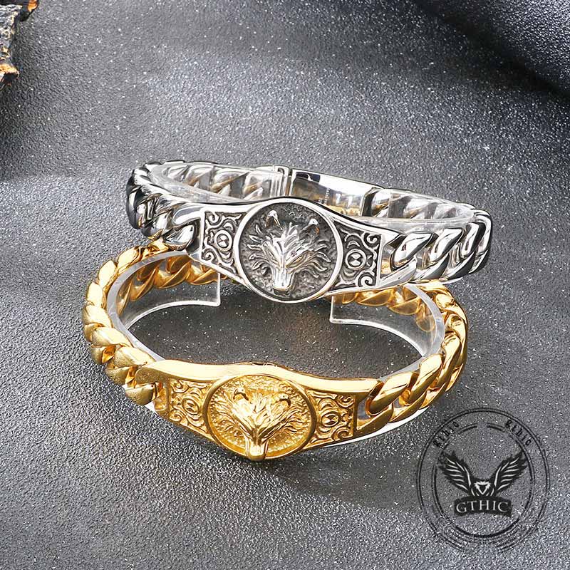 Punk Wolf Head Cuban Chain Stainless Steel Bracelet | Gthic.com