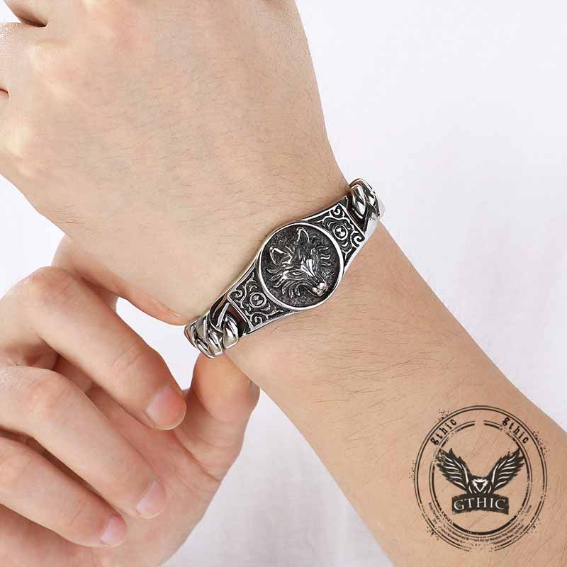 Punk Wolf Head Cuban Chain Stainless Steel Bracelet | Gthic.com