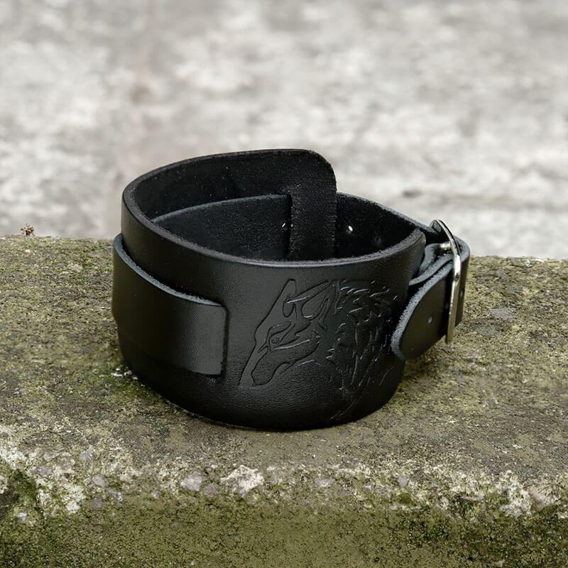 Punk Wolf Head Embossed Leather Bracelet