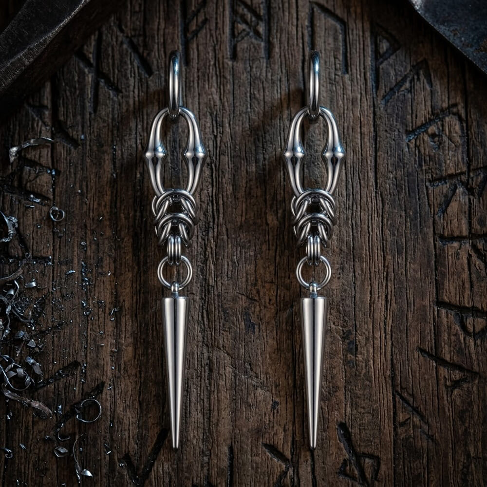 Punk Woven Chain Spike Stainless Steel Drop Earrings | Gthic.com
