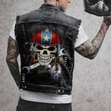 Punk Wrench Smoking Skull Print Denim Vest 01 | Gthic.com