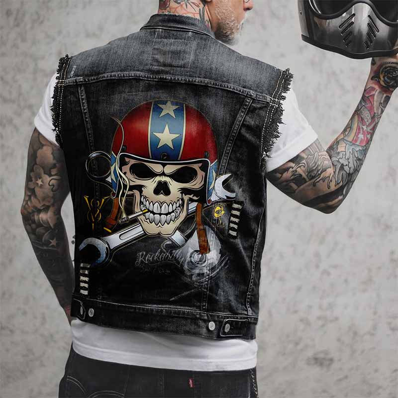 Punk Wrench Smoking Skull Print Denim Vest 01 | Gthic.com