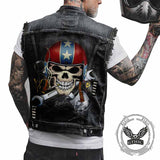 Punk Wrench Smoking Skull Print Denim Vest
