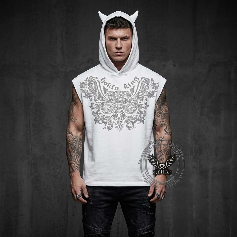 Punk Y2K Cross Wings Print Sleeveless Hoodie | Gthic.com