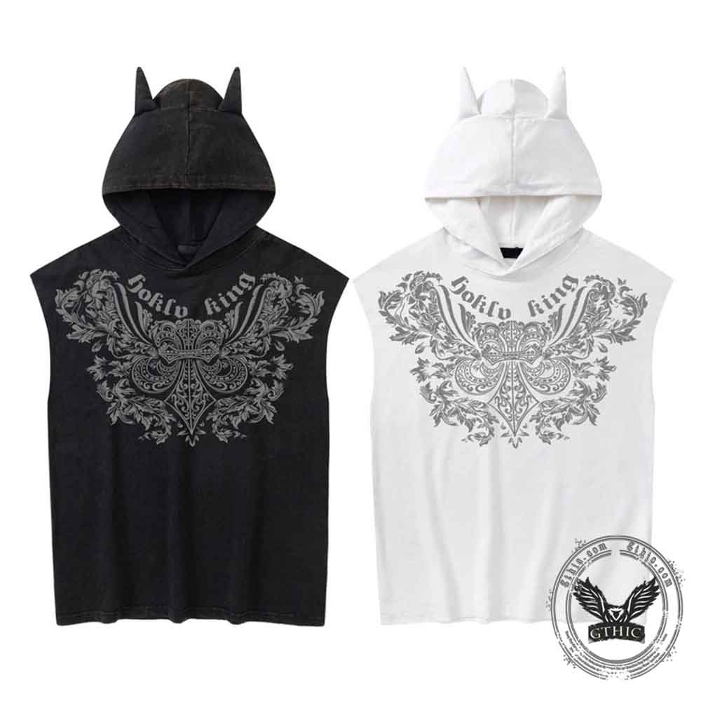 Punk Y2K Cross Wings Print Sleeveless Hoodie | Gthic.com