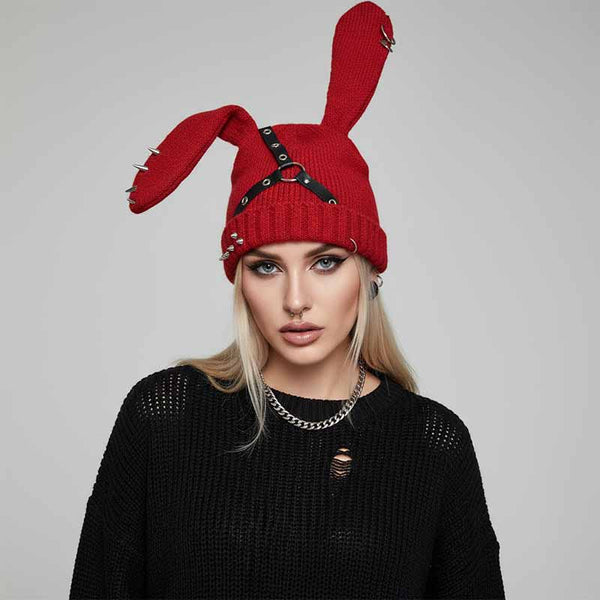 Punk Y2K Leather Buckle Rabbit Ear Rivet Design Hat | Gthic.com