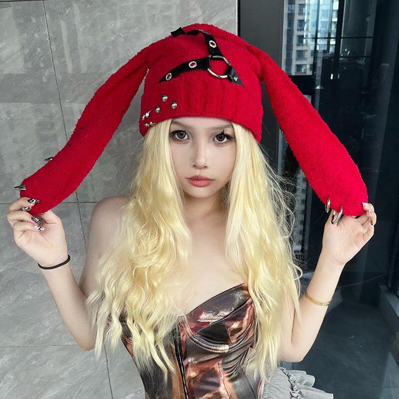 Punk Y2K Leather Buckle Rabbit Ear Rivet Design Hat | Gthic.com