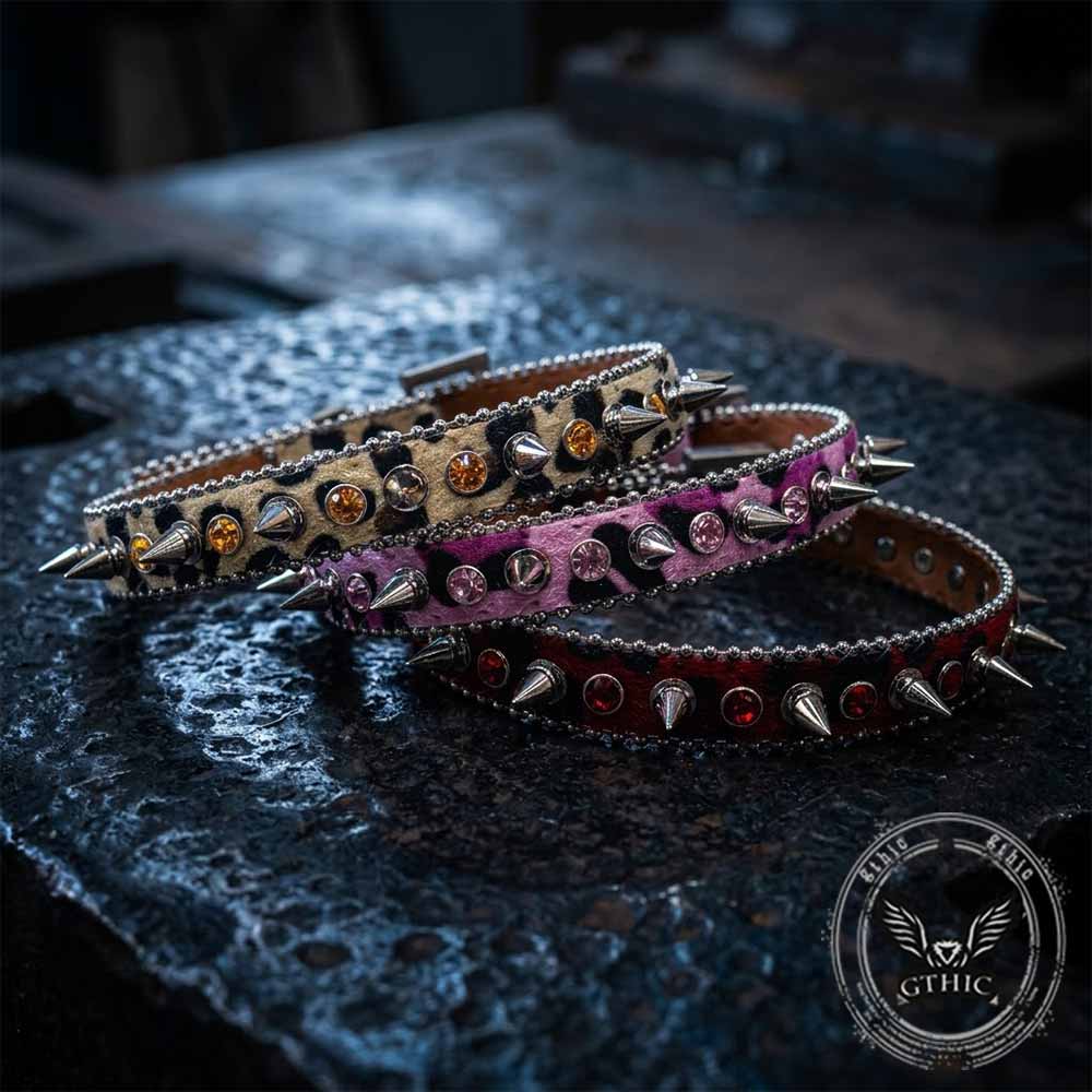 Punk Y2K Leopard Spiked Rhinestone Choker Necklace | Gthic.com