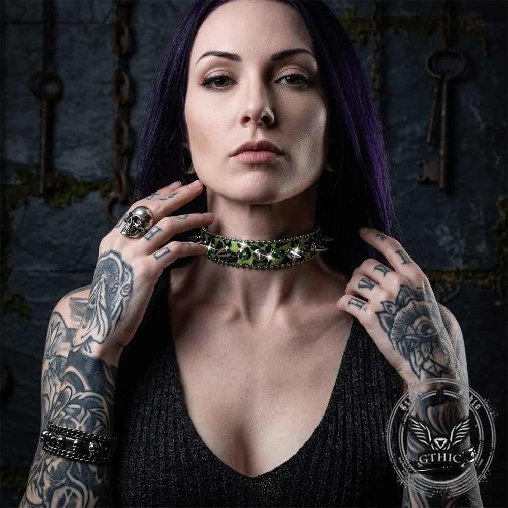 Punk Y2K Leopard Spiked Rhinestone Choker Necklace | Gthic.com