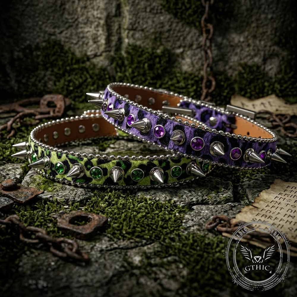 Punk Y2K Leopard Spiked Rhinestone Choker Necklace | Gthic.com