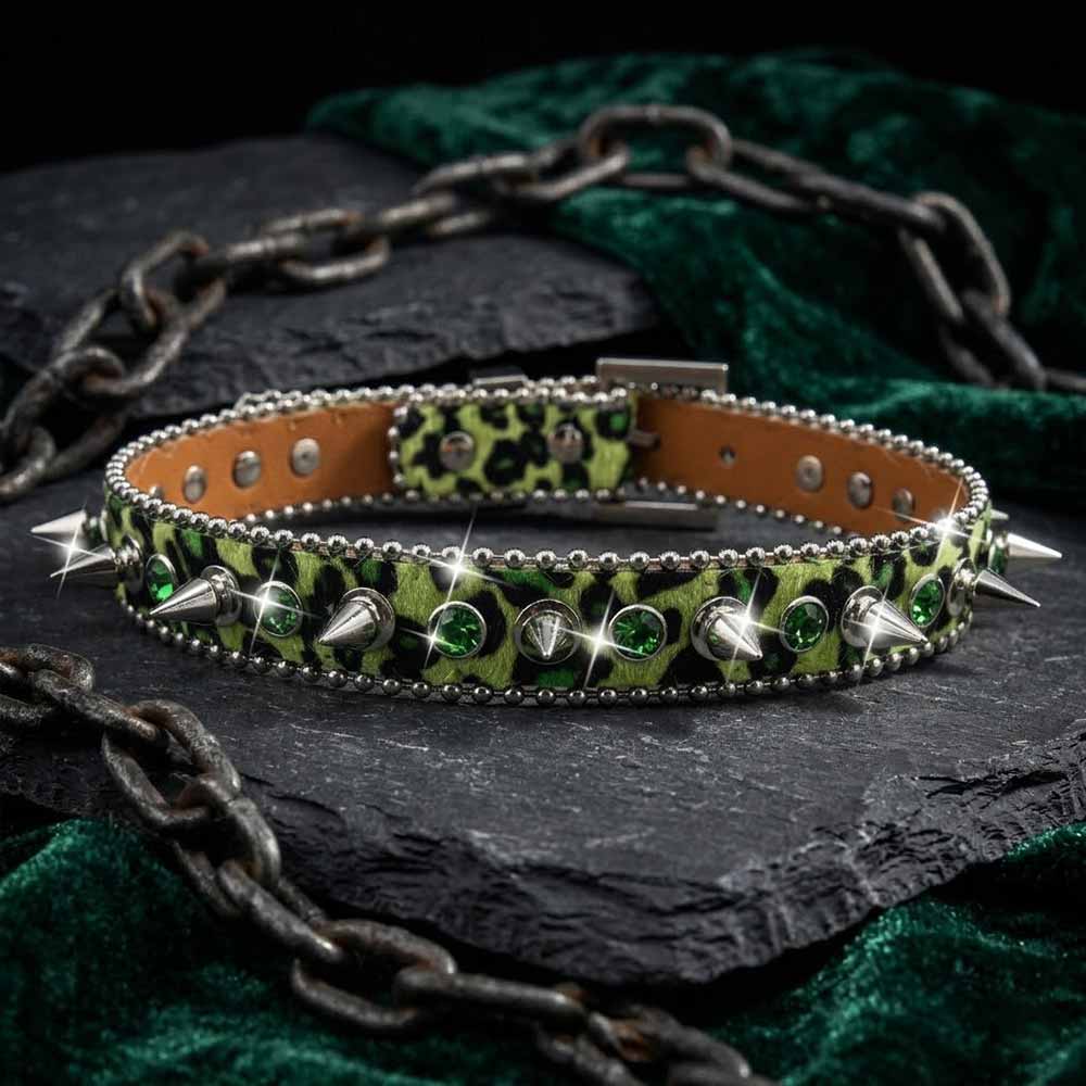 Punk Y2K Leopard Spiked Rhinestone Choker Necklace